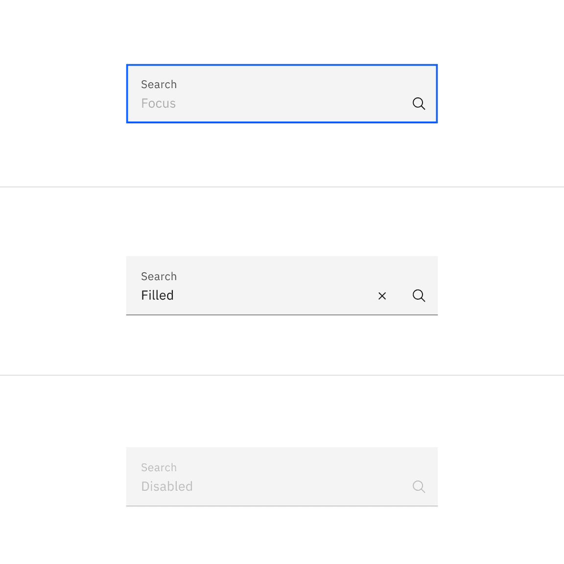 Examples of focus, filled, and disabled search states